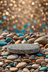 Platform and podium background on colorful stones pebble background for product stand display advertising cosmetic beauty products or skincare with empty round stage