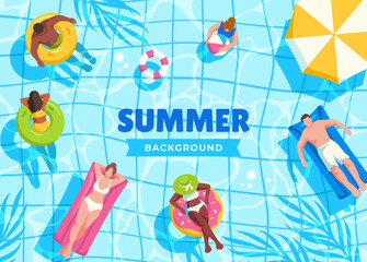 Bright summer background. Banner with happy people in swimsuits relaxing and swimming in pool. Men and women enjoying pool party. Poster with space for text. Cartoon flat vector illustration