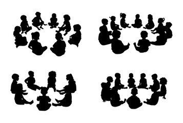 Set of kids sitting in circle play and talk together, kids round circle, friendship silhouette - obrazy, fototapety, plakaty