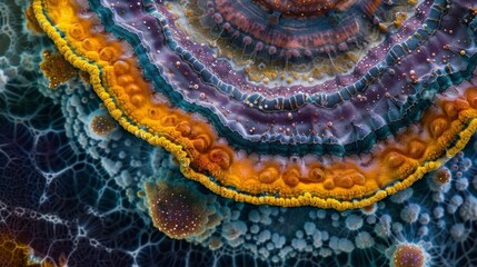 A stunningly detailed image of a fungal sporangium with intricate layers and patterns reminiscent of a mandala or kaleidoscope. - obrazy, fototapety, plakaty