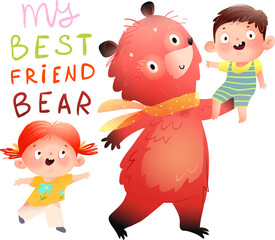 Children boy and girl and their best bear friend play games together and have fun. Friendship of little kids and a teddy bear in kindergarten. Vector hand drawn fantasy illustration for children. - 773639167