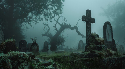 A misty graveyard with weathered headstones and twisted gnarled trees shrouded in mystery and secrets. . . - obrazy, fototapety, plakaty