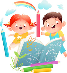 Joyful kids boy and girl at school happily drawing in notebook with pencils. Cute cartoon illustration for a fun art class. Vector clipart illustration in watercolor style for children. - 773639354
