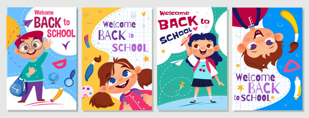 Welcome back to school cover set. Posters with little school children, backpacks and school supplies for learning. Education and study. Cartoon flat vector illustrations isolated on gray background