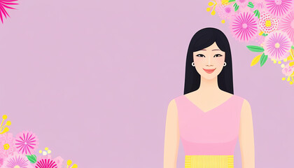 Obraz na płótnie Canvas Beautiful avatar Asian girl. Happy eastern student. The young woman smiles with a pastel color background. Vector flat illustration