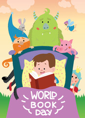 Obraz na płótnie Canvas World Book Day. Colorful poster with little boy lying on bed and reading textbook surrounded by various cute fairy tale characters. Child lover of literature. Cartoon flat vector illustration
