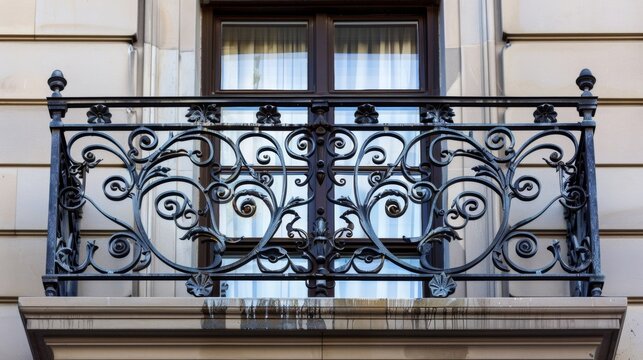 An ornate iron railing on a balcony featuring swirling designs and geometric shapes adding a touch of elegance to the cityscape.