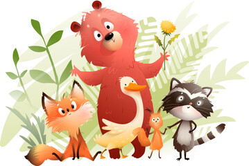 Children forest friends bear fox raccoon squirrel and duck, play together in nature. Animals characters for kids in forest. Vector hand drawn fantasy illustration for children in watercolor style.