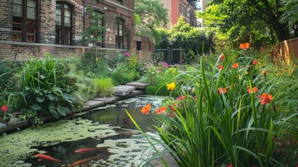 A hidden courtyard oasis tucked away behind a row of buildings. Tall grasses colorful blooms and a small pond create a peaceful retreat from the chaotic streets just a few