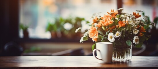 Colorful flowers arranged in a vase are placed next to a cup on a wooden table
