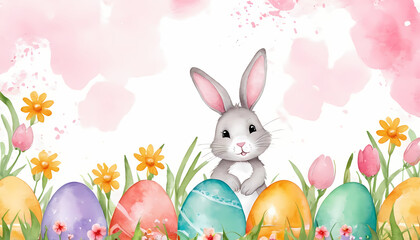 Cute easter bunny with eggs and flowers with copy space