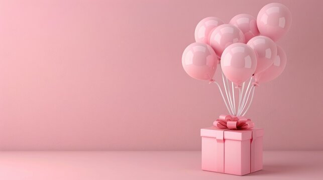 Shiny pink gift box present and festive helium balloons on flat background. Flat lay. Birthday, wedding or christmas concept.