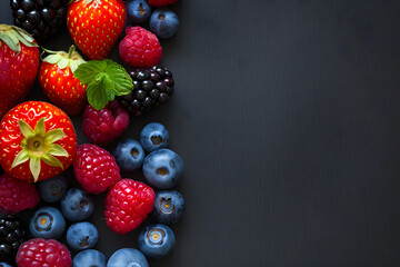 Flat lay arrangement of colorful berries on black background