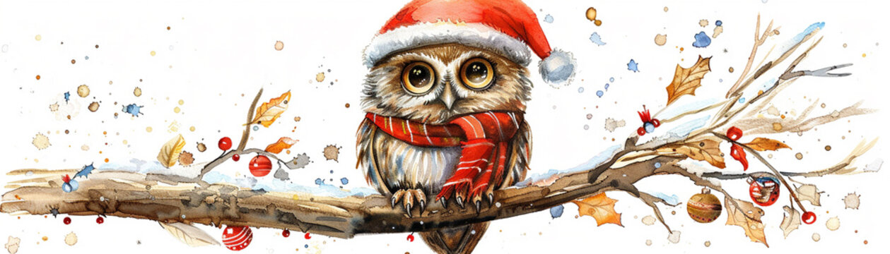 Watercolor painting of cute owl wearing a red Santa hat and a red scarf is perched on a branch. The image has a festive and cheerful mood, as it is a Christmas-themed painting.