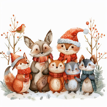 Watercolor painting of group of animals wearing hats and scarves are posing for a picture. Scene is cheerful and festive, as the animals are dressed up for the winter season.