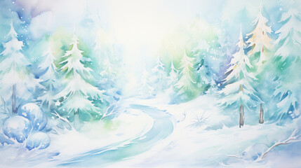 Watercolor painting of a snowy forest with a river running through it. The trees are covered in snow and the sky is a mix of colors. The mood of the painting is peaceful and serene - obrazy, fototapety, plakaty