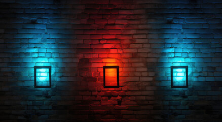 Modern futuristic neon club blue heart tube lighted emptyspace old grunge stone bricked detailed wall In room wallpaper background. Blue and red neon effect mockup.