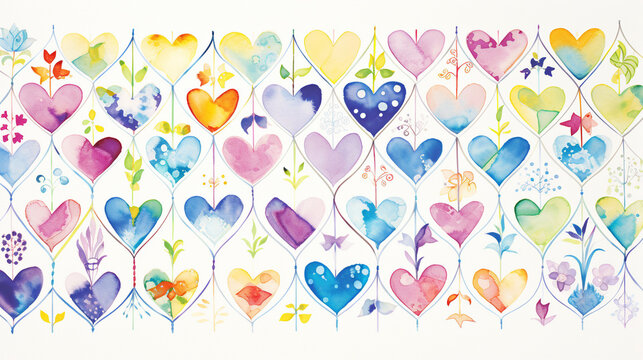 Watercolor painting of many hearts in various colors. Concept of love, romantic and valentine day background.