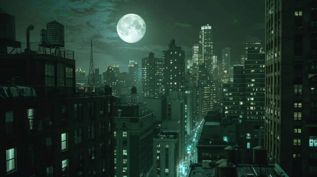 A city bathed in the ethereal glow of a full moon its tall buildings casting long shadows on the quiet streets below. . .