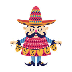Mexican man vector illustration. A funny guy in a sombrero and poncho holds a Mexico garland. Person with a mustache, in a folk costume. Celebrating Cinco de Mayo, carnival, fiesta. Cartoon doodle