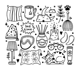 Ready for bed vector set. Dream symbols - soft pillow, moon and stars, night lamp, asleep cat, aroma diffuser, sleep mask. Bedtime routine. Home accessories for rest, nap. Hand drawn doodle bundle