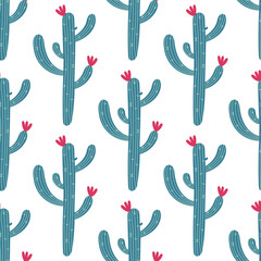 Cactus seamless vector pattern. A prickly plant with a long green stem, spines, colorful flowers. Desert succulent. Wild Mexican saguaro. Hand drawn botanical doodle. Flat cartoon background for print