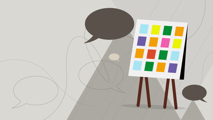 Whiteboard or process planning board with sticky notes and bubble chat. Business discussion, meeting and training class concept background.