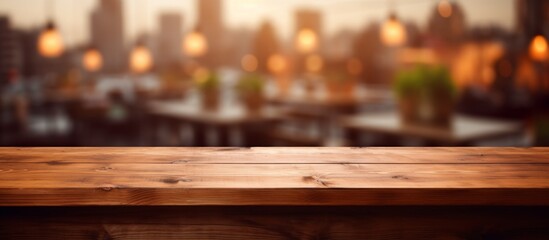 Rustic wooden table top with a soft focus of a bustling cityscape in the background, creating a...
