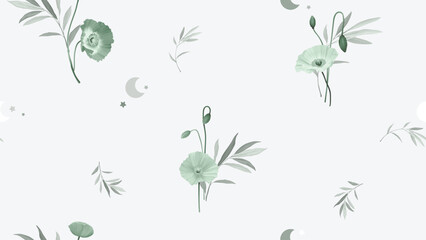 Floral seamless pattern, poppy flowers and leaves in green tones on grey background - 773643306
