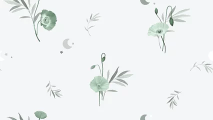 Poster Floral seamless pattern, poppy flowers and leaves in green tones on grey background © momosama