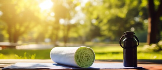 Yoga essentials placed on a table - a close-up view of a yoga mat and a water bottle ready for a...