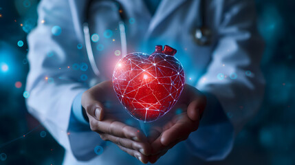 Digital Heart in the hands of doctor, Technology in medicine and Transplantation of the human heart. Healthcare Professional in Lab