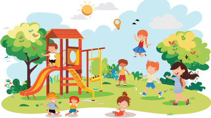 Children playing outside scene illustration flat ca