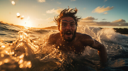 An adventurous swimmer conquering turbulent waves in the open ocean during the golden hour,  - obrazy, fototapety, plakaty
