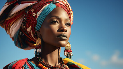 An African woman adorned in vibrant tribal attire, cultural diversity, pride, Ultra Realistic, National Geographic, 