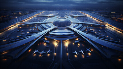 An expansive aerial view captures a 3D commercial airport render, showcasing parked planes,...