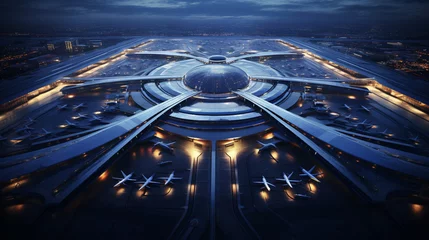 Deurstickers An expansive aerial view captures a 3D commercial airport render, showcasing parked planes, bustling passenger terminals, a meticulously designed runway, and the intricate dance of service machinery.  © lahiru