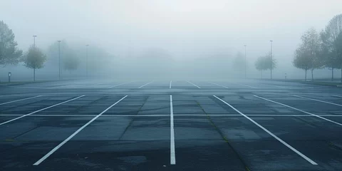 Fototapeten An empty parking lot on a cold, wet, foggy evening. An atmosphere of peace, mystery and mysticism. Generative AI © kovalovds