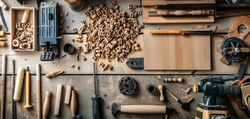 Assorted Woodworking Tools and Craft Pieces. - obrazy, fototapety, plakaty