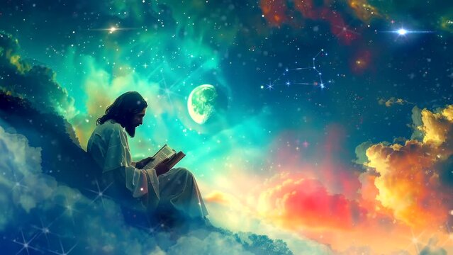 Divine Serenity: Jesus in the Heavenly Skies. Seamless looping time-lapse virtual 4k video animation background