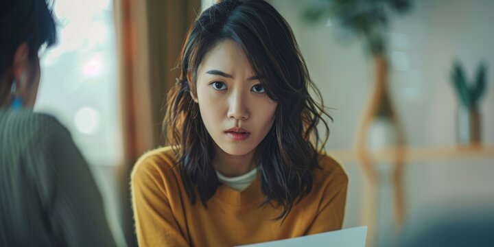 Asian Woman With A Concerned Look In A Mental Health Consultation, Home Interior.