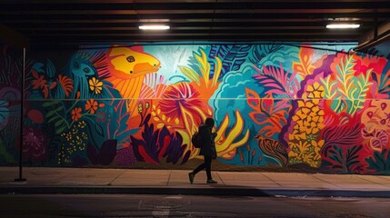 A passerby walking by a dark and dreary underpass is greeted by a vibrant and colorful mural of animals and plants bringing life and beauty to an otherwise mundane urban landscape.