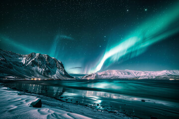 The Northern Lights over snow-covered mountains , shining under a starry sky