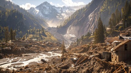 Natures relentless power is on full display as a landslide tears through the mountains reshaping everything in its path. What was once a tranquil landscape is now a chaotic - obrazy, fototapety, plakaty