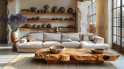 Chic Boho Living Room: Beige Sofa with Live Edge Coffee Table