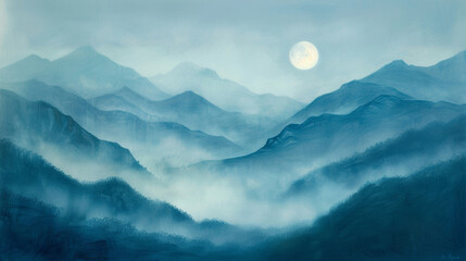 A soft pastel drawing of a mountain range at night with a hazy fog covering the peaks and the moon casting a serene glow over the . . - obrazy, fototapety, plakaty