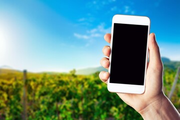Farmer's holds a modern smartphone on a field background