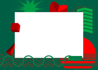 Red and green geometrical graphic retro theme background with place for text. Minimal geometric elements frame. Vintage abstract shapes vector illustration for advertising.