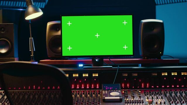 Control room with greenscreen running on computer next to buttons and sliders, multiple controls and switchers on panel board mixing console. Empty professional studio with stereo gear. Camera A.