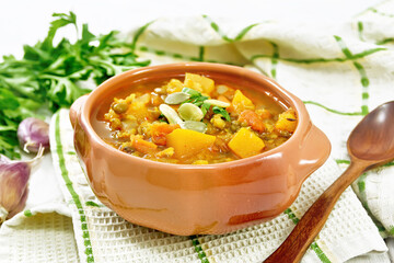 Soup-curry with pumpkin and lentils in bowl on light board